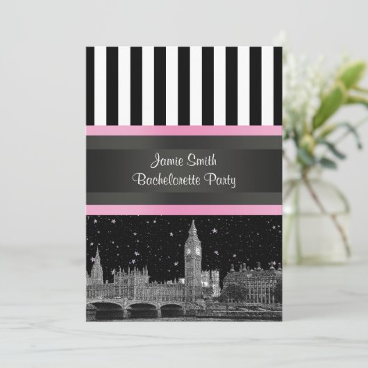 London Skyline BW Blk Wht Strp Pink Bachelorette Einladung (Stehend Vorderseite)
