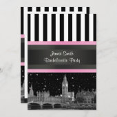 London Skyline BW Blk Wht Strp Pink Bachelorette Einladung (Vorne/Hinten)