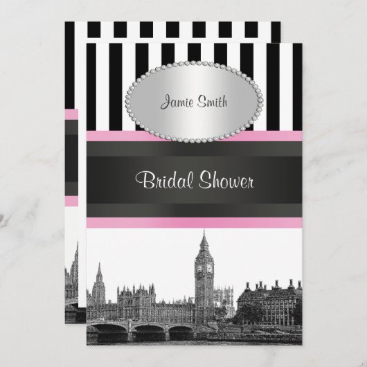 London Skyline BW Blk Wht Strp Pink Bridal Shwr Einladung (Vorne/Hinten)