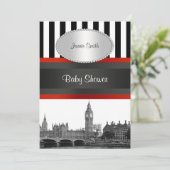 London Skyline BW Blk Wht Strp Red Baby Shower Einladung (Stehend Vorderseite)