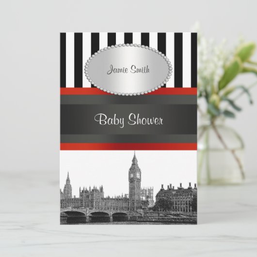 London Skyline BW Blk Wht Strp Red Baby Shower Einladung (Stehend Vorderseite)