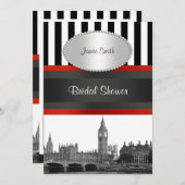 London Skyline BW Blk Wht Strp Red Brautparty Einladung (Vorne/Hinten)