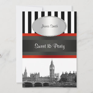 London Skyline BW Blk Wht Strp Red Sweet 16 Party Einladung