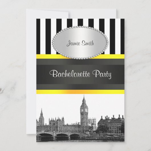 London Skyline BW Blk Wht Strp Ylo P Bachelorette Einladung (Vorderseite)