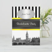 London Skyline BW Blk Wht Strp Ylo P Bachelorette Einladung (Stehend Vorderseite)