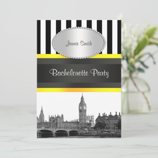 London Skyline BW Blk Wht Strp Ylo P Bachelorette Einladung (Stehend Vorderseite)