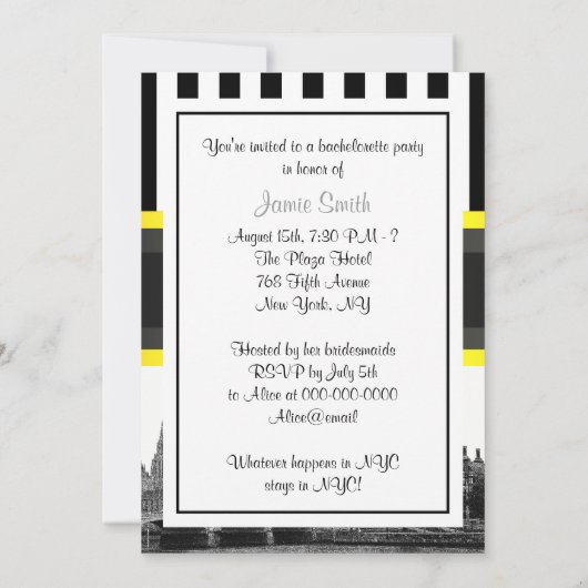 London Skyline BW Blk Wht Strp Ylo P Bachelorette Einladung (Rückseite)