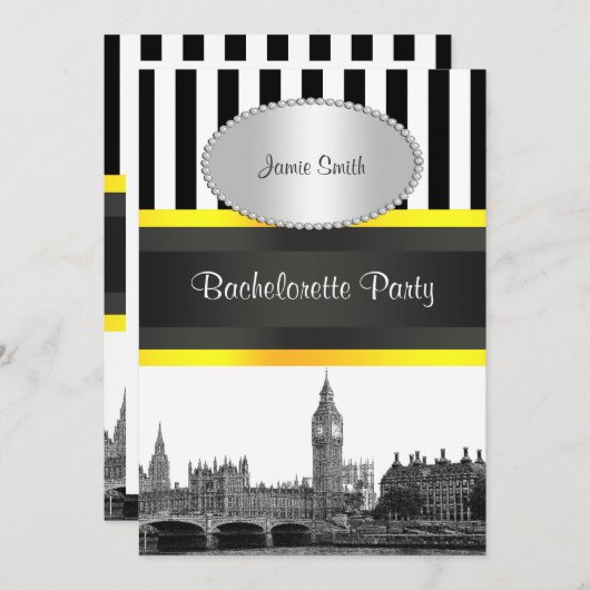 London Skyline BW Blk Wht Strp Ylo P Bachelorette Einladung (Vorne/Hinten)