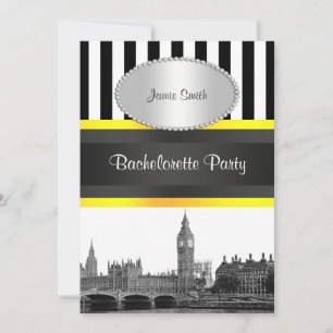 London Skyline BW Blk Wht Strp Ylo P Bachelorette Einladung