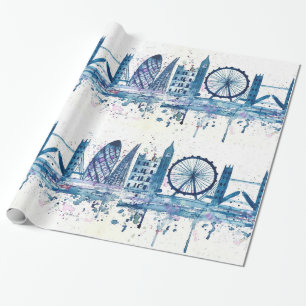 London Skyline England blau Aquarell  Geschenkpapier