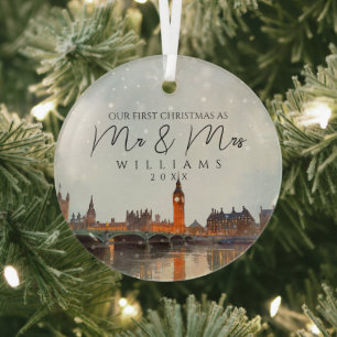 London Skyline Erstes Weihnachten als Mr & Mrs Fot Ornament Aus Glas