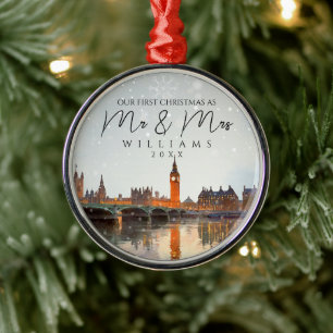 London Skyline Erstes Weihnachten als Mr & Mrs Fot Ornament Aus Metall