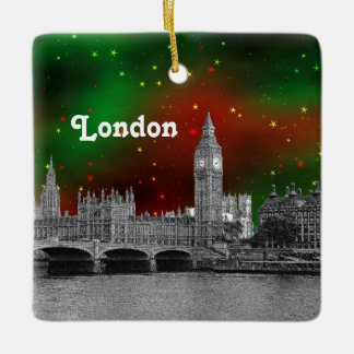 London Skyline Etched, Green Red Starry Sky Xmas Keramikornament