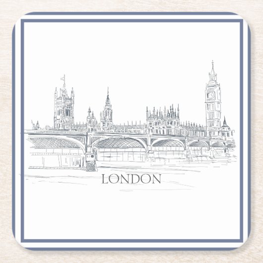 London Skyline mit Big Ben Blue Ink Sketch Rechteckiger Pappuntersetzer (Vorderseite)