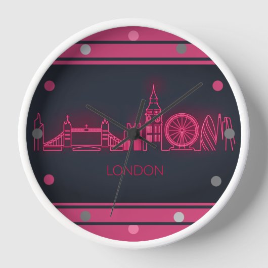 London Skyline Pink Neon Look City Wall Roun Uhr (Vorderseite)