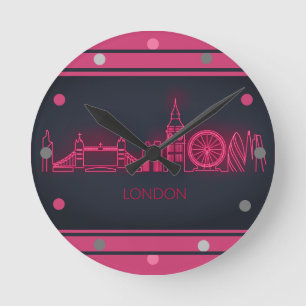 London Skyline Pink Neon Look City Wall Runde Wanduhr