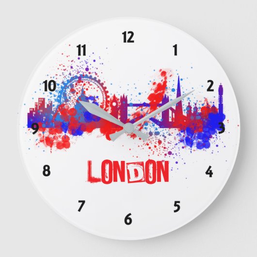 London Skyline Red White Blue Artistic Paint Plats Große Wanduhr (Vorderseite)