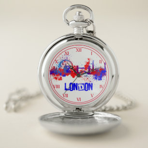 London Skyline Red White Blue Artistic Paint Plats Taschenuhr