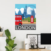 London skyline retro travel poster red bus (Heimbüro)