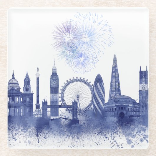 London Skyline - Watercolor Blue Glasuntersetzer (Vorderseite)