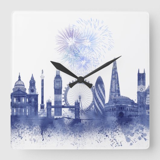 London Skyline - Watercolor Blue Quadratische Wanduhr (Vorderseite)