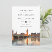 London Skyline Watercolor Elegant Wedding Save The Date (Stehend Vorderseite)