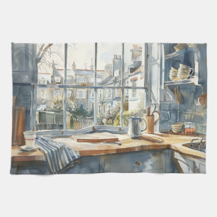London Stadthaus Küche Aquarell mit Garten Geschirrtuch