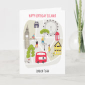 London Stilvolle Karte Cartoon Happy Birthday Name (Vorderseite)