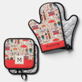 London Symbole Muster Ofenhandschuh & Topflappen-Set (Vorderseite/Rückseite)