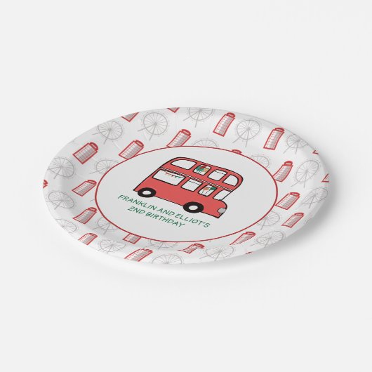 London Theme Kids Joint Birthday Party Pappteller (Schrägansicht)