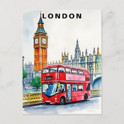 London UK Bus Travel Watercolor Postkarte (Vorderseite)