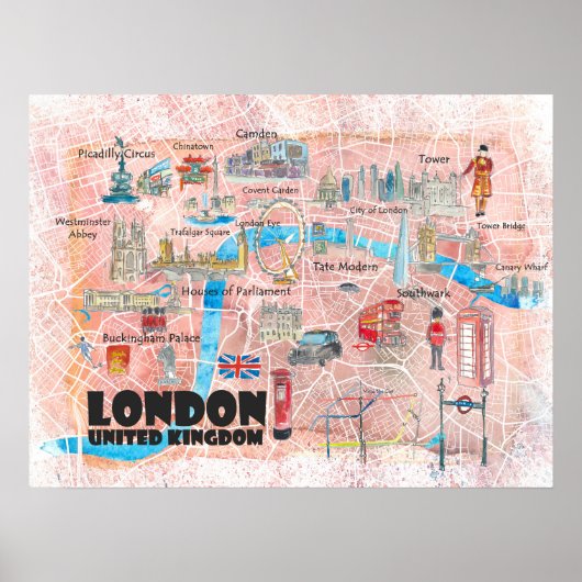 London UK Illustriert Karte mit Sehenswürdigkeiten Poster (Vorne)