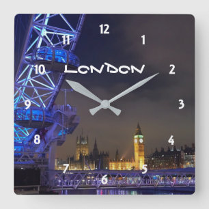 London UK Night Cityscape London Eye View Quadratische Wanduhr