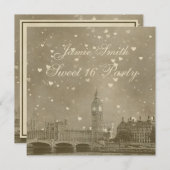 London UK Skyline Dist Gray White Heart Sweet 16 Einladung (Vorne/Hinten)