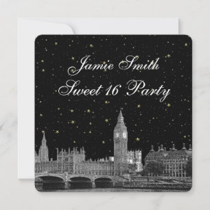 London UK Skyline Etched Starry DIY BG Sweet 16 Einladung