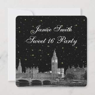London UK Skyline Etched Starry DIY BG Sweet 16 Einladung