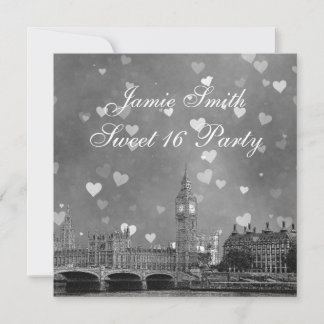 London UK Skyline Gray White Heart Sweet 16 Einladung