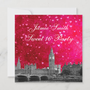 London UK Skyline Hot Pink Rotes Herz Sweet 16 Einladung