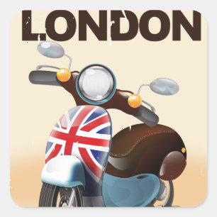 London Vintage-Roller Union Jack Reiseplakat. Quadratischer Aufkleber