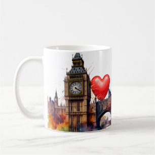 London Watercolor Szene Red Hearts Hintergrund. Kaffeetasse