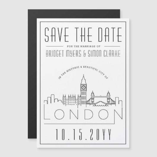 London Wedding | Stilisierte Skyline Save the Date Magneteinladung (Vorne/Hinten)
