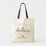 London Wedding Stylized Skyline Tote Bag Tragetasche<br><div class="desc">Eine einzigartige Hochzeitstasche für eine Hochzeit in der schönen Stadt London. In dieser Tasche wird die einzigartige Skyline der Stadt mit ihren Gebäude und Sehenswürdigkeiten unter ihrem Namen stilisiert. Anschließend erhalten Sie Informationen zu Ihrem Hochzeitstag in einem passenden,  offenen Stil.</div>