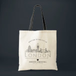 London Wedding Stylized Skyline Tote Bag Tragetasche<br><div class="desc">Eine einzigartige Hochzeitstasche für eine Hochzeit in der schönen Stadt London. In dieser Tasche wird die einzigartige Skyline der Stadt mit ihren Gebäude und Sehenswürdigkeiten unter ihrem Namen stilisiert. Anschließend erhalten Sie Informationen zu Ihrem Hochzeitstag in einem passenden,  offenen Stil.</div>
