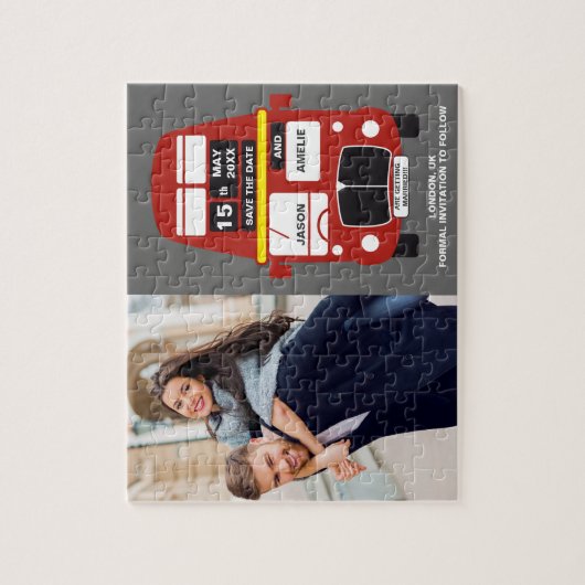 Londoner Bus Save the Date graues Foto Jigsaw Puzz Puzzle (Vertikal)