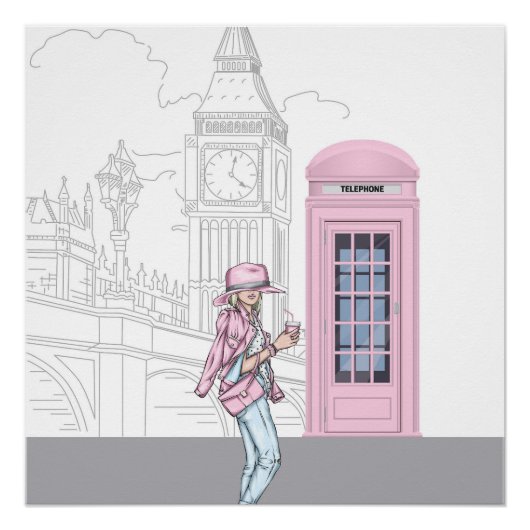 Londoner City Girl mit rosa Phone Box Poster (Vorderseite)