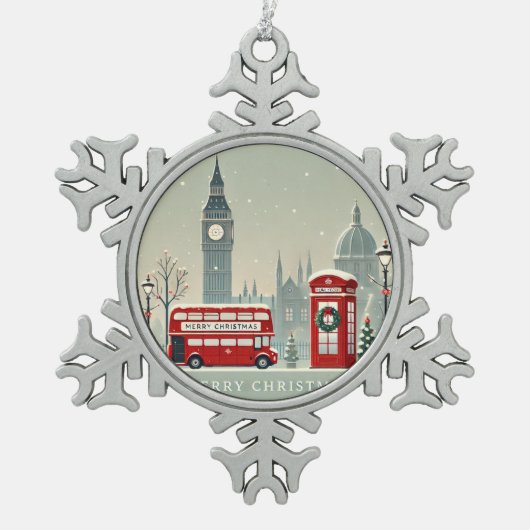 Londoner WeihnachtsWeihnachten | Big Ben & Festive Schneeflocken Zinn-Ornament (Vorderseite)