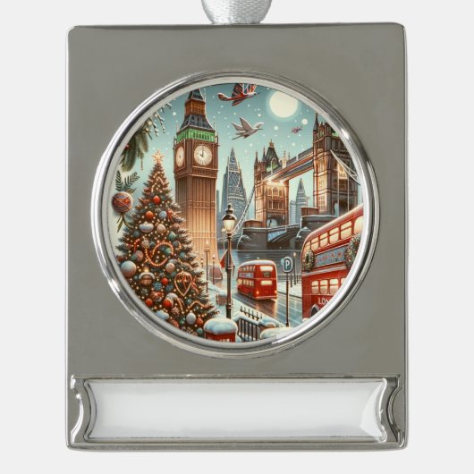 Londons festlicher Splendor - ein lebendiger Weihn Banner-Ornament Silber (Vorderseite)