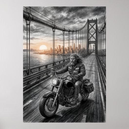  Lone Biker Crosses Suspension Bridge City Skyline Poster (Vorne)