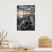  Lone Biker Crosses Suspension Bridge City Skyline Poster (Küche)