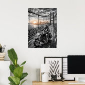  Lone Biker Crosses Suspension Bridge City Skyline Poster (Heimbüro)